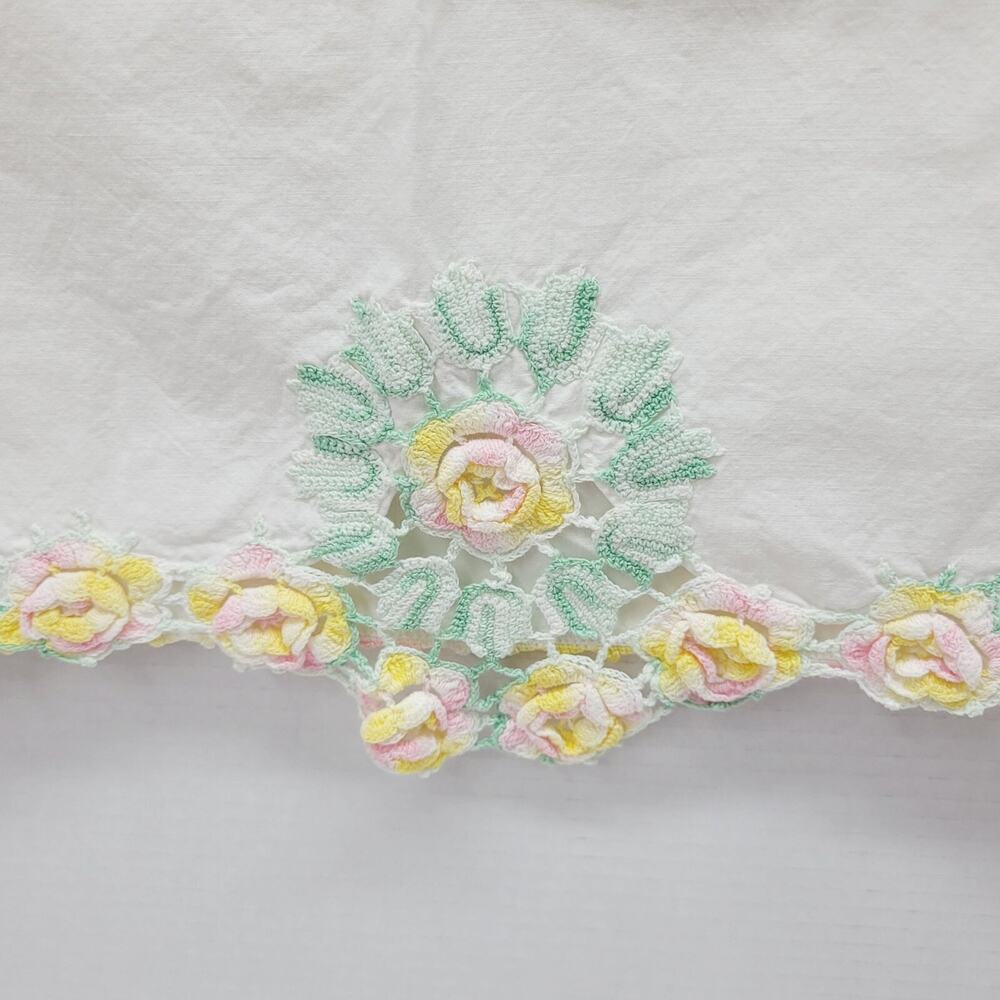 Vintage White Pillowcase With Handmade 3D Pastel Floral Crochet Trim